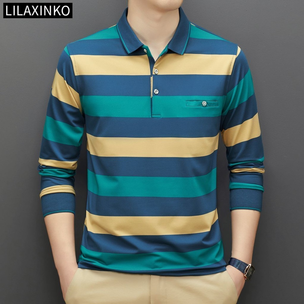 เสื้อโปโลแขนยาวลําลอง ผ้าฝ้าย ลายทาง มีกระเป๋า สไตล์คลาสสิก สําหรับผู้ชาย