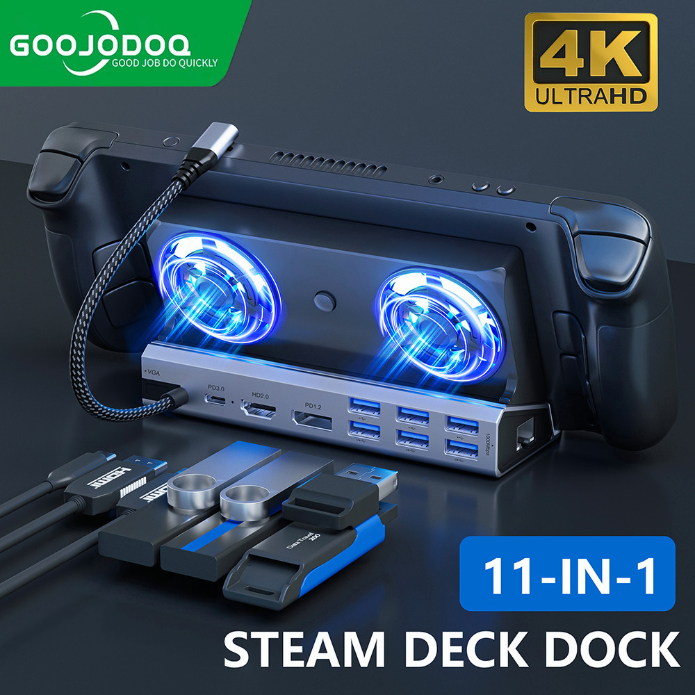 GOOJODOQ Steam Deck Dock พร้อมพัดลม 11 ใน 1 HDMI 2.0 ความเข้ากันได้ 4k 60hz Gigabit Ethernet การชาร์จความเร็วเต็ม USB-C USB-A