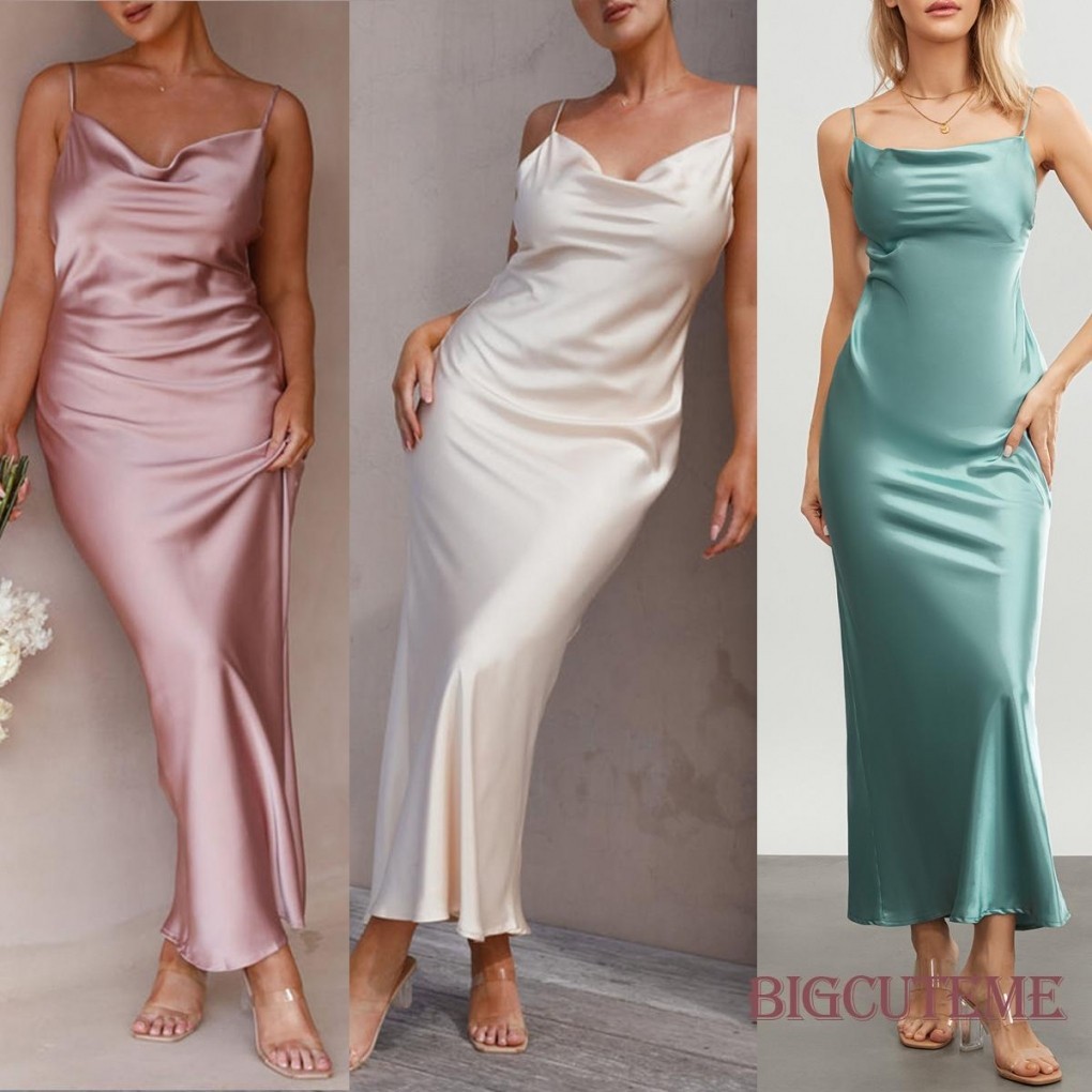[] - ชุดเดรสยาว ผู้หญิง สีพื้น สายสปาเก็ตตี้ คอปิด แขนกุด ฤดูร้อน เปิดหลัง สลิปเดรส