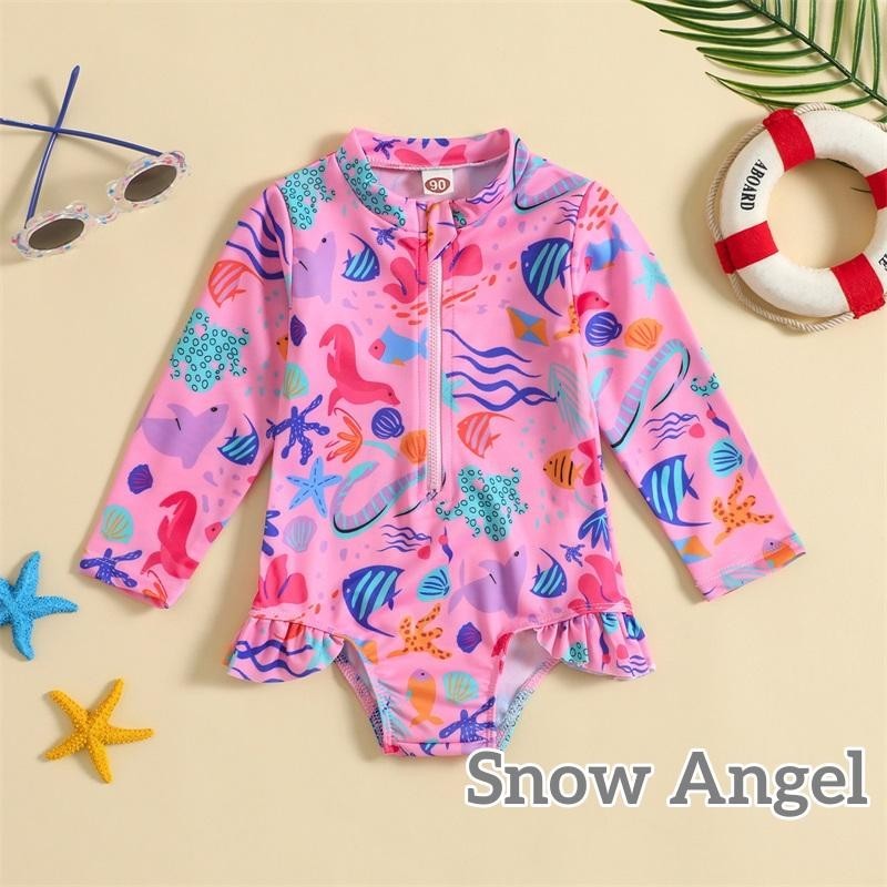 Grao-kids Girls Bikini Long Sleeve Stand Collar Sea Animal Print ชุดว่ายน้ําสําหรับชายหาดฤดูร้อน