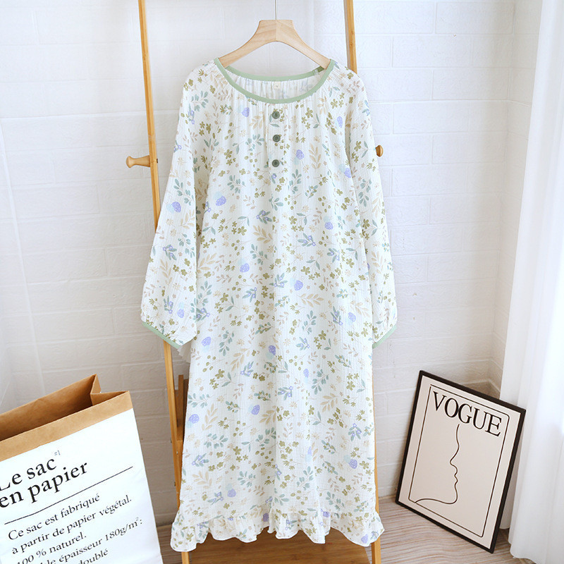 ผ้าฝ้าย 100% Double-Layer Gauze ผ้าฝ้ายแขนยาวชุดนอน One Piece Nightdress ผู้หญิงฤดูใบไม้ผลิฤดูร้อนกระโปรงกระโปรงยาวสไตล์บาง Loo