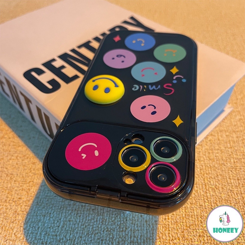 เคสโทรศัพท์มือถือ แบบฝาพับกระจก ลายหน้ายิ้มน่ารัก หลากสี สําหรับ iPhone 15 14 13 12 11 Pro Max 14 Plus