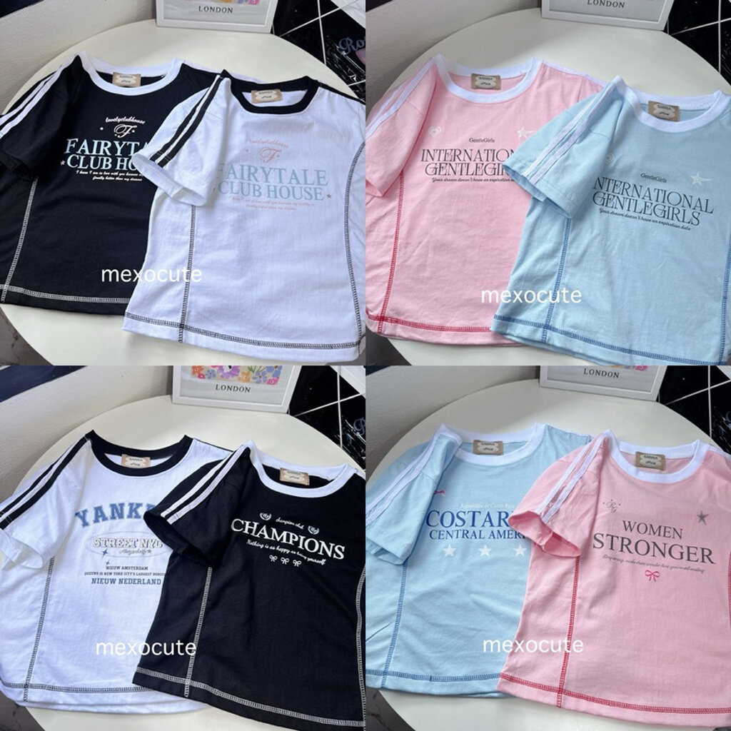 mexocute♡ Hi School เสื้อยืดทรงพอดีตัว แต่งแถบเดินตะเข็บ (อก32”ยาว18”) srs