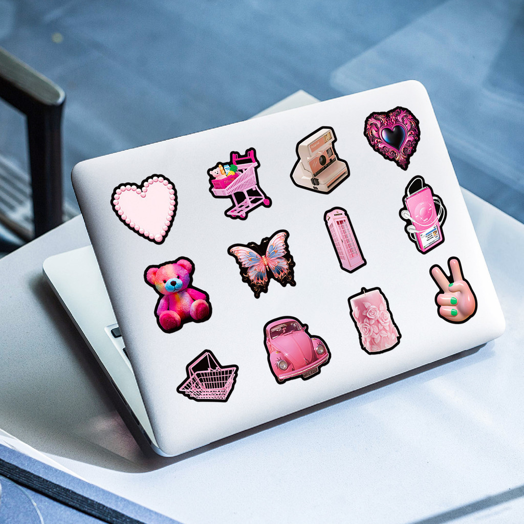 สติกเกอร์ ลายกราฟฟิตี้น่ารัก กันน้ํา สีชมพู สีมาการอง สําหรับติดตกแต่งหมวกกันน็อค จักรยาน ดินสอ 50 ชิ้น