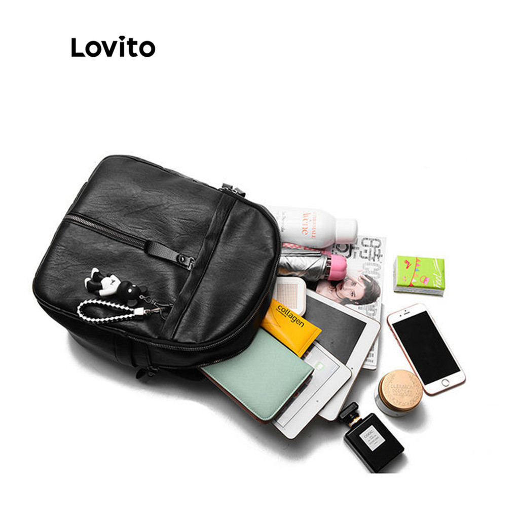 Lovito กระเป๋าเป้สะพายหลัง ลำลอง ความจุสูง สีพื้น มีซิป สำหรับผู้หญิง LNA09180 (สีดำ)