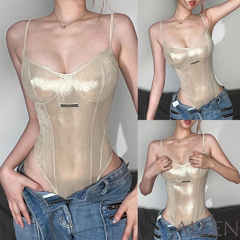Allen-ผู้หญิงแขนกุดcamiบอดี้สูทโลหะpatch Backless Bodycon Rompersฤดูร้อนสบายๆJumpsuits Streetwear