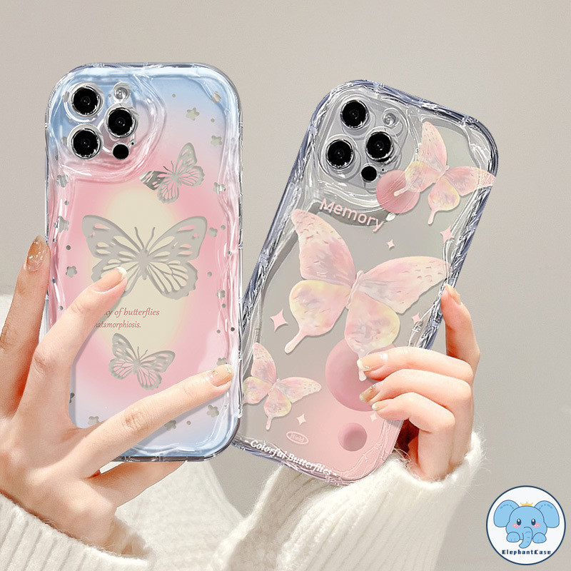หรูหราเสน่ห์สีชมพูผีเสื้อ 3D คลื่นโค้งขอบปกโปร่งใส iPhone 7Plus 12 15 11 14 13 Pro Max XR X XS Max 15 7 8 Plus