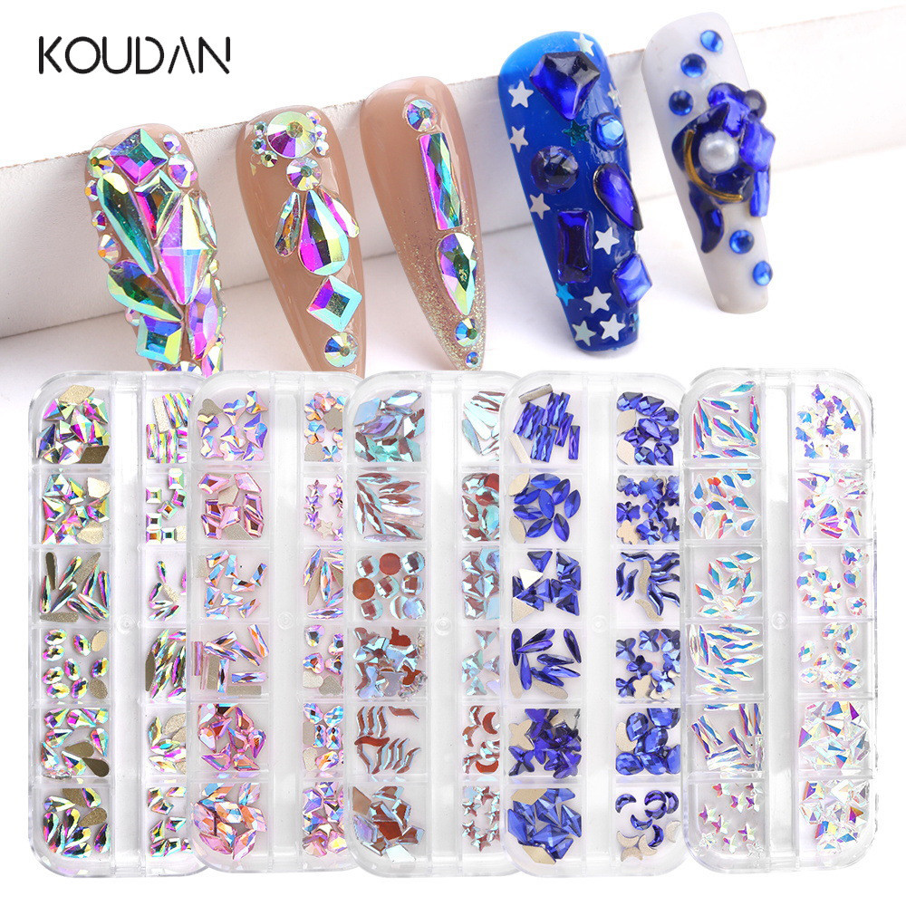 Koudan สติกเกอร์คริสตัล เพชรเทียม ทรงกลม 12 ช่อง รูปหยดน้ํา หลากสี สําหรับตกแต่งเล็บ