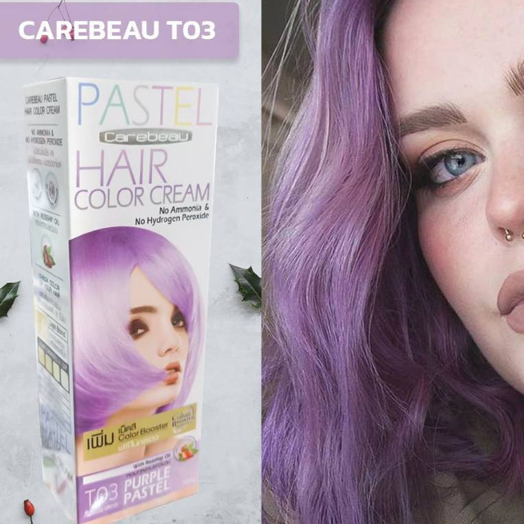 แคร์บิว T03 สีม่วง สีพาสเทล ฮิตมาก ครีมย้อมผม เปลี่ยนสีผม  Carebeau T03 Purple Pastel Hair Color Cream 100ml.
