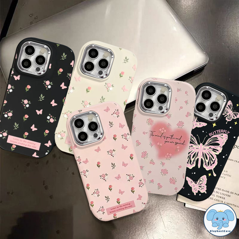 ดอกไม้ศิลปะวินเทจผีเสื้อคู่รักสด Floret หรูหราชุบโลหะเลนส์แขน iPhone 11 13 XR 15 14 12 Pro Max 7 8 Plus X XS Max SE 2020
