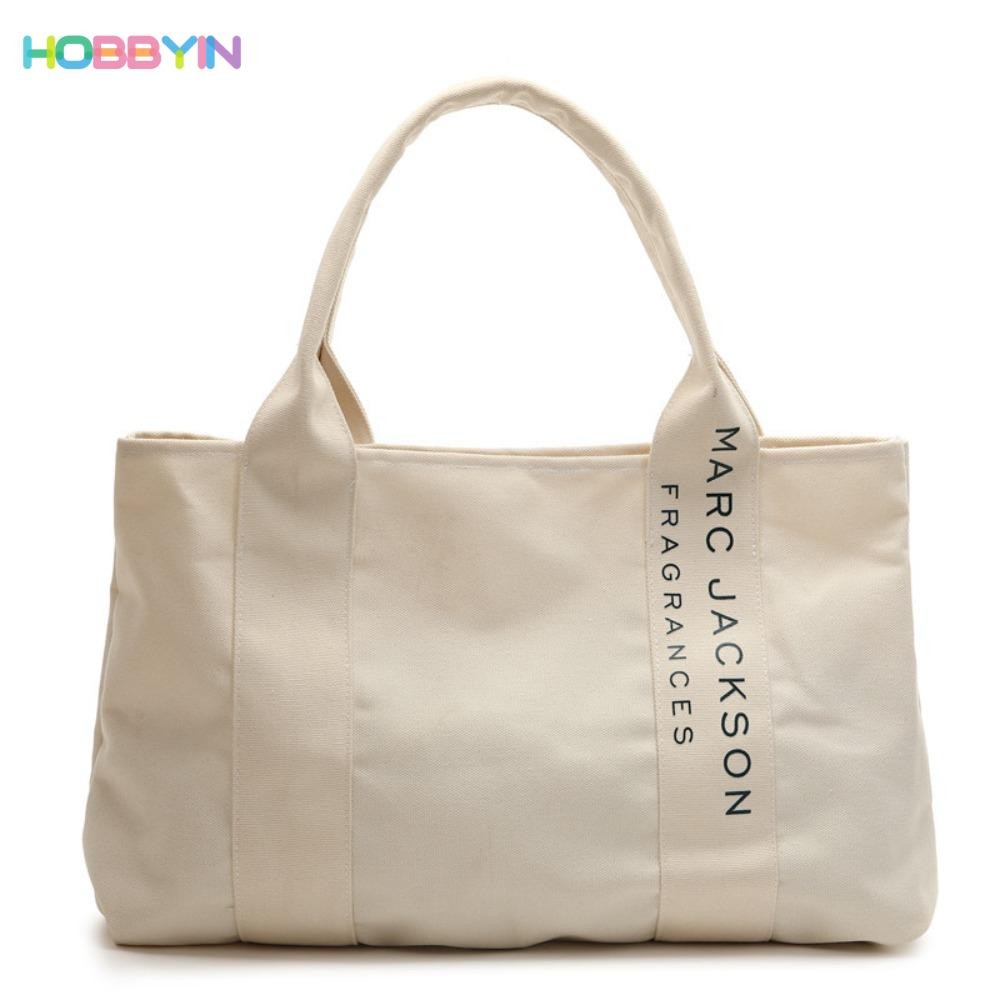 HOBBYIN กระเป๋าช้อปปิ้ง กระเป๋าสะพายไหล่ ผ้าแคนวาส ขนาดใหญ่ พิมพ์ลายตัวอักษร สีขาว สไตล์มินิมอล แฟชั่นสําหรับผู้หญิง