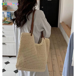 HOBBYIN กระเป๋าสะพายไหล่ กระเป๋าช้อปปิ้ง แบบสาน แฮนด์เมด สีพ…