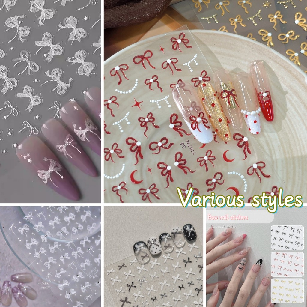 สติ๊กเกอร์ติดเล็บ 5ง ตกแต่งเล็บ งIY โบว์มุกดาวดวงจันทร์บัลเล่ต์สไตล์สีขาวสีชมพูทอง