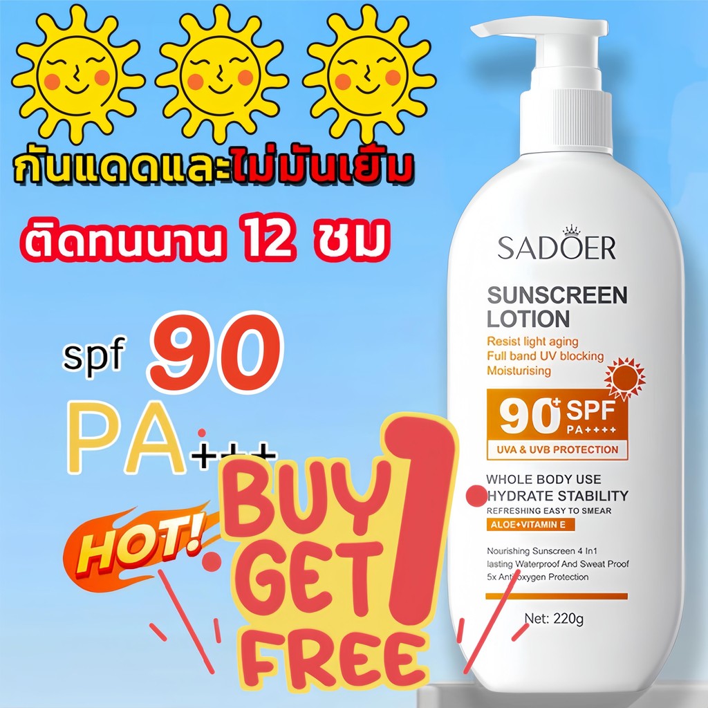 ซื้อ 1 แถม 1ครีมกันแดด SADOER ป้องกันแสงแดด สดชื่น ไม่เหนียวเหนอะหนะ โลชั่นกันแดดทั้งตัว 220g SPF90+PA++++