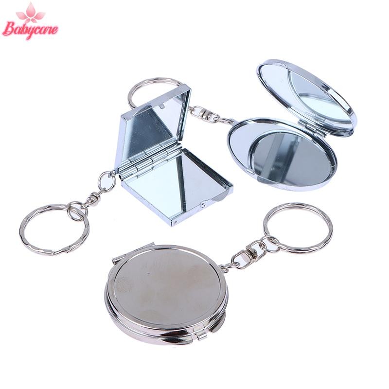 BYCE> รอบหัวใจรูปไข่ทรงสี่เหลี่ยมกระจกเครื่องสําอางสองด้านโลหะพับพวงกุญแจกระจกแต่งหน้าใหม่