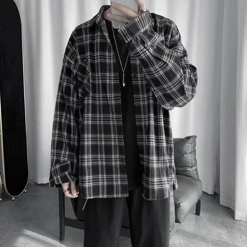 Vintage Long Sleeve Shirt Men's Loose Casual Plaid Shirt Jacket Men