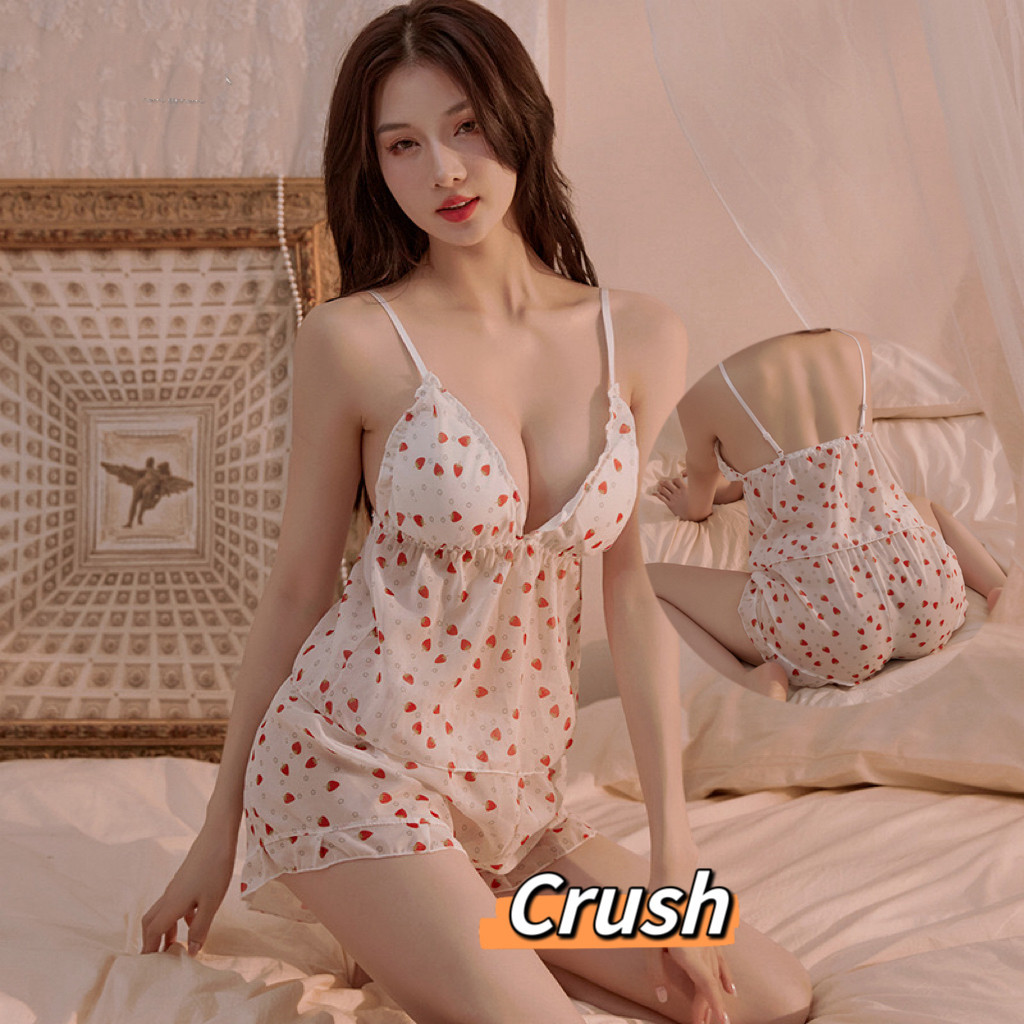 Crush ชุดนอนสายเดี่ยว สไตล์เกาหลี น่ารักๆ ลายสตรอเบอร์รี่ ผ้าซีทรู มีฟองน้ำในตัว สายสามารถปรับได้ พร้อมส่งจากไท (SYMG-7)