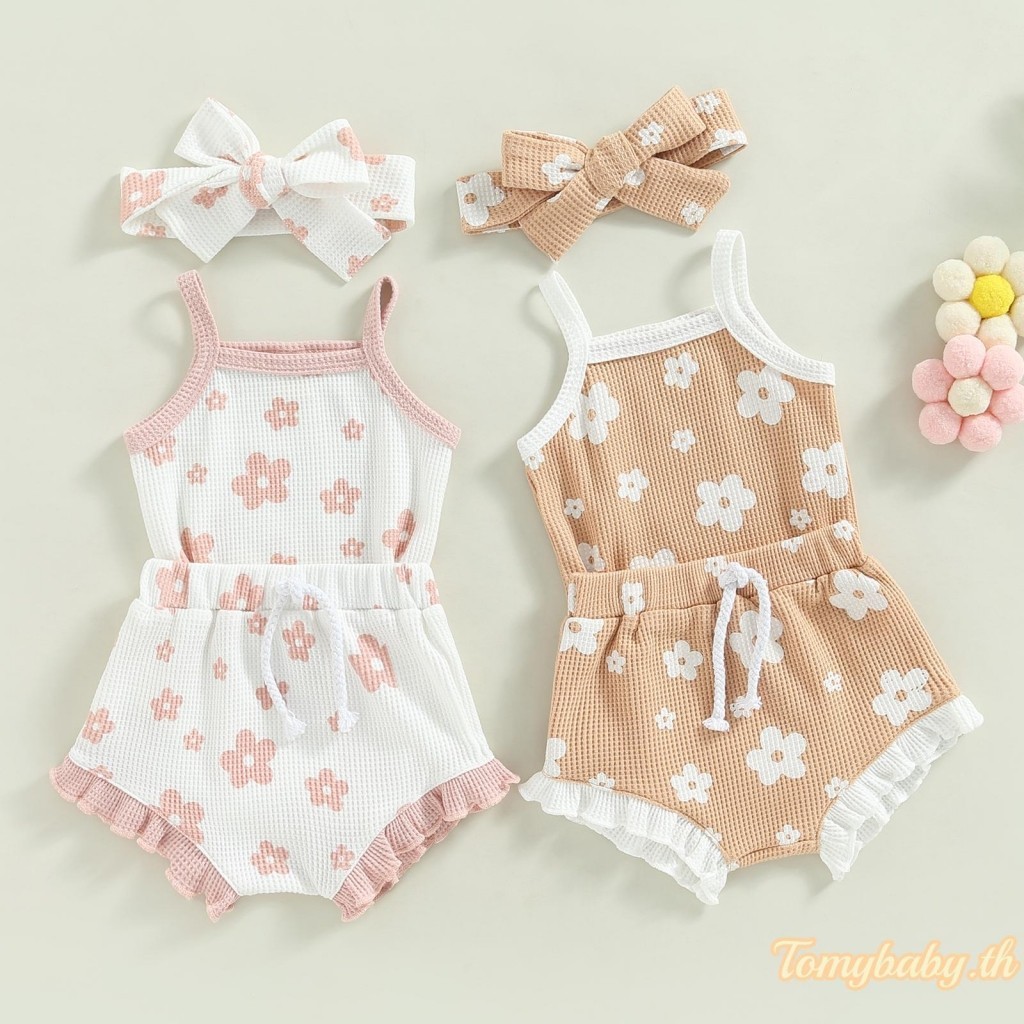 Tomybaby- ชุดรอมเปอร์ เสื้อกล้าม ผ้าถัก ลายดอกไม้ และกางเกงขาสั้น แต่งระบาย และที่คาดผม แฟชั่นฤดูร้อน สําหรับเด็กผู้หญิง 3 ชิ้น ราคา ถูกที่สุด ดีลบีเคเค รูปภาพหลัก
