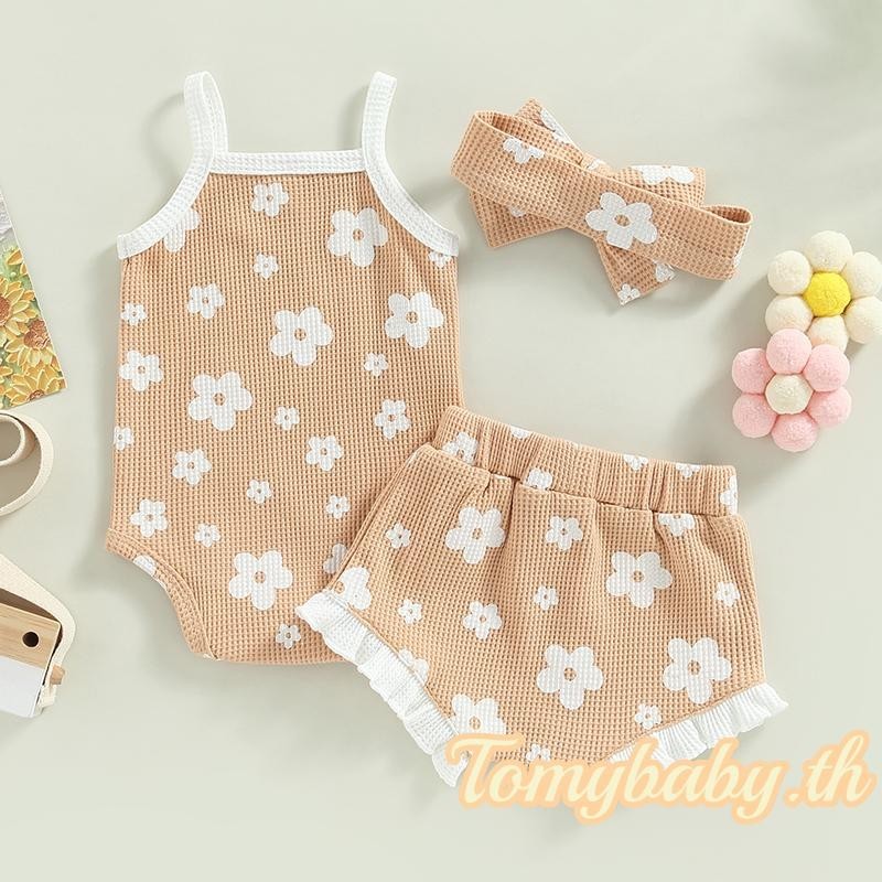 Tomybaby- ชุดรอมเปอร์ เสื้อกล้าม ผ้าถัก ลายดอกไม้ และกางเกงขาสั้น แต่งระบาย และที่คาดผม แฟชั่นฤดูร้อน สําหรับเด็กผู้หญิง 3 ชิ้น ราคา ถูกที่สุด ดีลบีเคเค แกลเลอรีภาพที่ 3