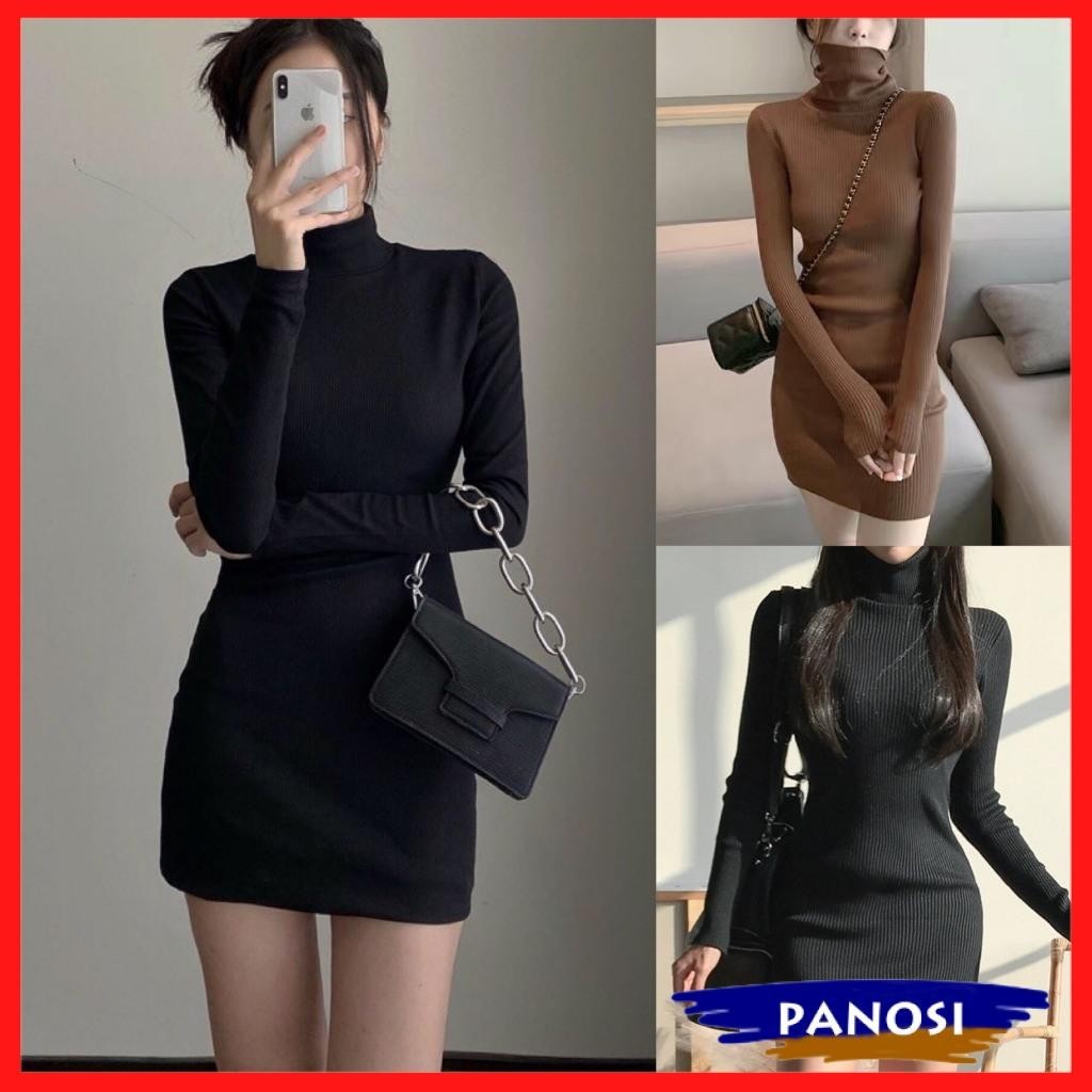 เดรสแขนยาวคอเต่า บอดี้คอน เดรส บอดี้คอน ผ้าวูลยืด เดรสผ้าขนสัตว์ผู้หญิงเข้ารูปเซ็กซี่คอสูงอบอุ่น โวลต์891 กระทะ