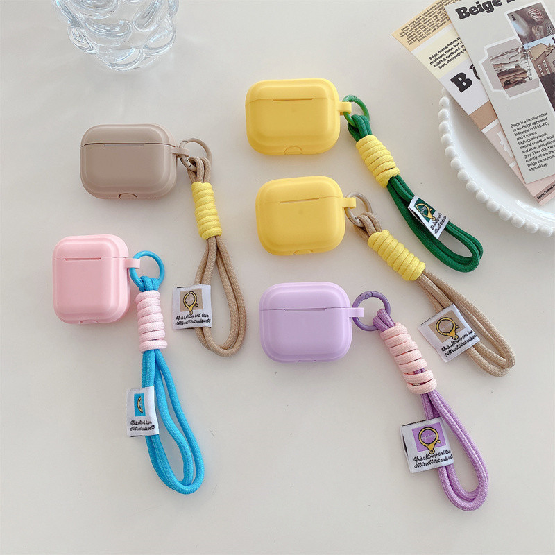 สีทึบ + สร้อยข้อมือ เหมาะสําหรับ Airpods1/2 3 Pro Pro2 Airpods4 ชุดหูฟังไร้สายบลูทูธป้องกันกรณี Air Pods Pro 3 4 หูฟังป้องกันกรณี