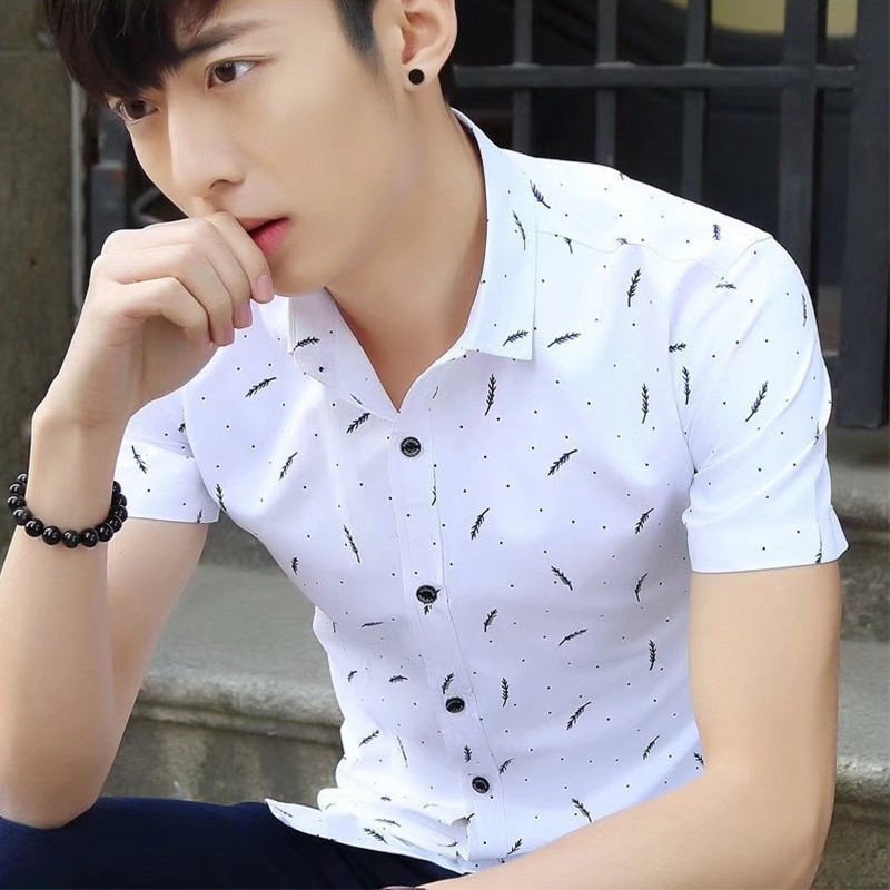 เสื้อเชิ้ตแขนสั้น คอปก ผ้าฝ้าย พิมพ์ลายขนนก แบบพับได้ สไตล์เกาหลี สําหรับผู้ชาย
