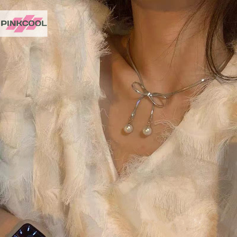Pinkcool ใหม่ สร้อยคอโชคเกอร์ จี้โบว์ ประดับมุก งู เครื่องประดับ ของขวัญ สําหรับผู้หญิง Y2k