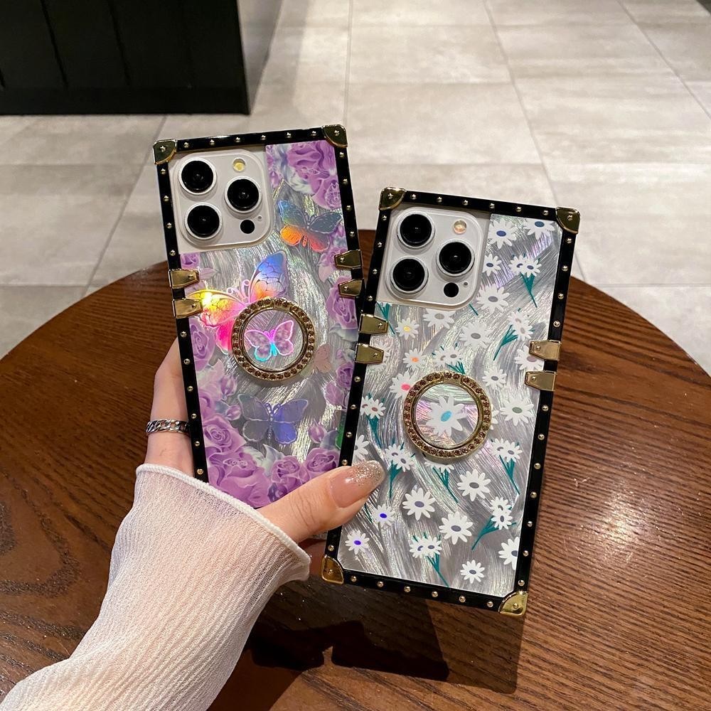 เคสโทรศัพท์มือถือแบบนิ่ม ทรงสี่เหลี่ยม ลายดอกไม้ ผีเสื้อ สีรุ้ง พร้อมแหวนขาตั้ง สําหรับ Samsung S24 Ultra S23 S22 S21 Plus S23fe S21fe