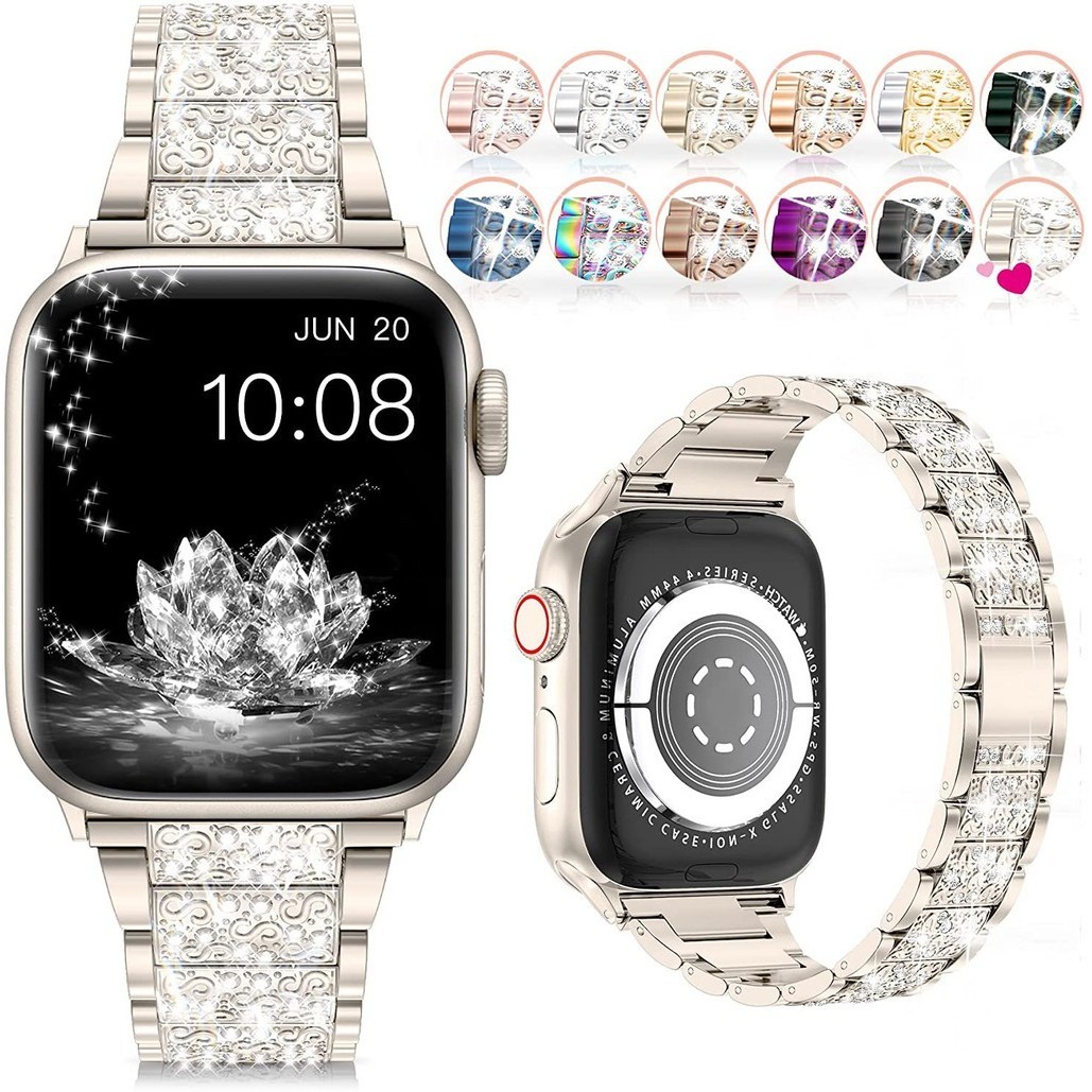 สายนาฬิกาข้อมือ สเตนเลส โลหะ ประดับเพชร สําหรับ iWatch Series 9 8 7 6 SE 5 4 Strap 41 มม. 45 มม. 40 มม. 44 มม. 49 มม. 38 มม. 42 มม. iwatch 3 2 1