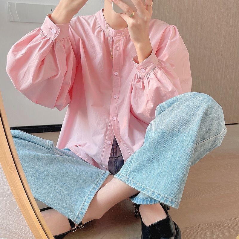 เสื้อเชิ้ตแขนยาว คอกลม ทรงหลวม สีชมพู แฟชั่นใหม่ สําหรับผู้หญิง