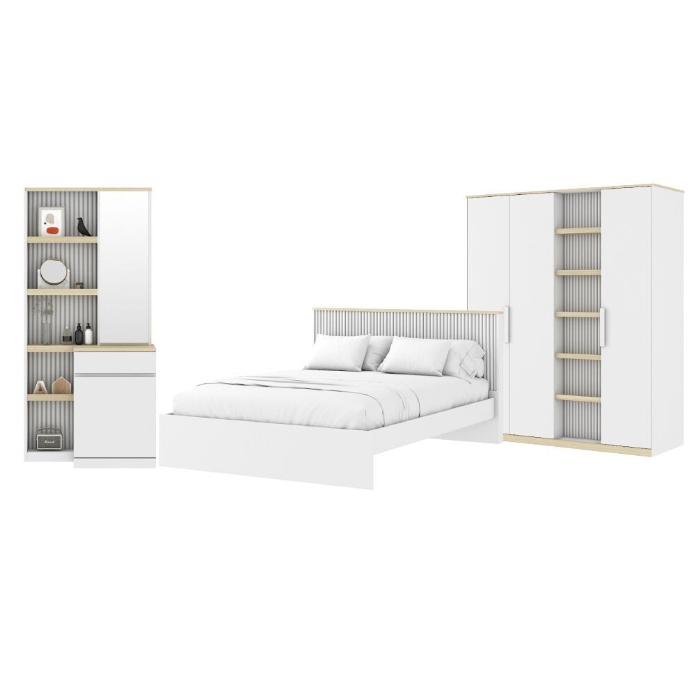INDEX LIVING MALL ชุดห้องนอน รุ่นมินิมอล ขนาด 6 ฟุต (เตียง, ตู้เสื้อผ้า 4 บาน, โต๊ะเครื่องเเป้ง) - สีขาว/เลอบาน่า โอ๊ค