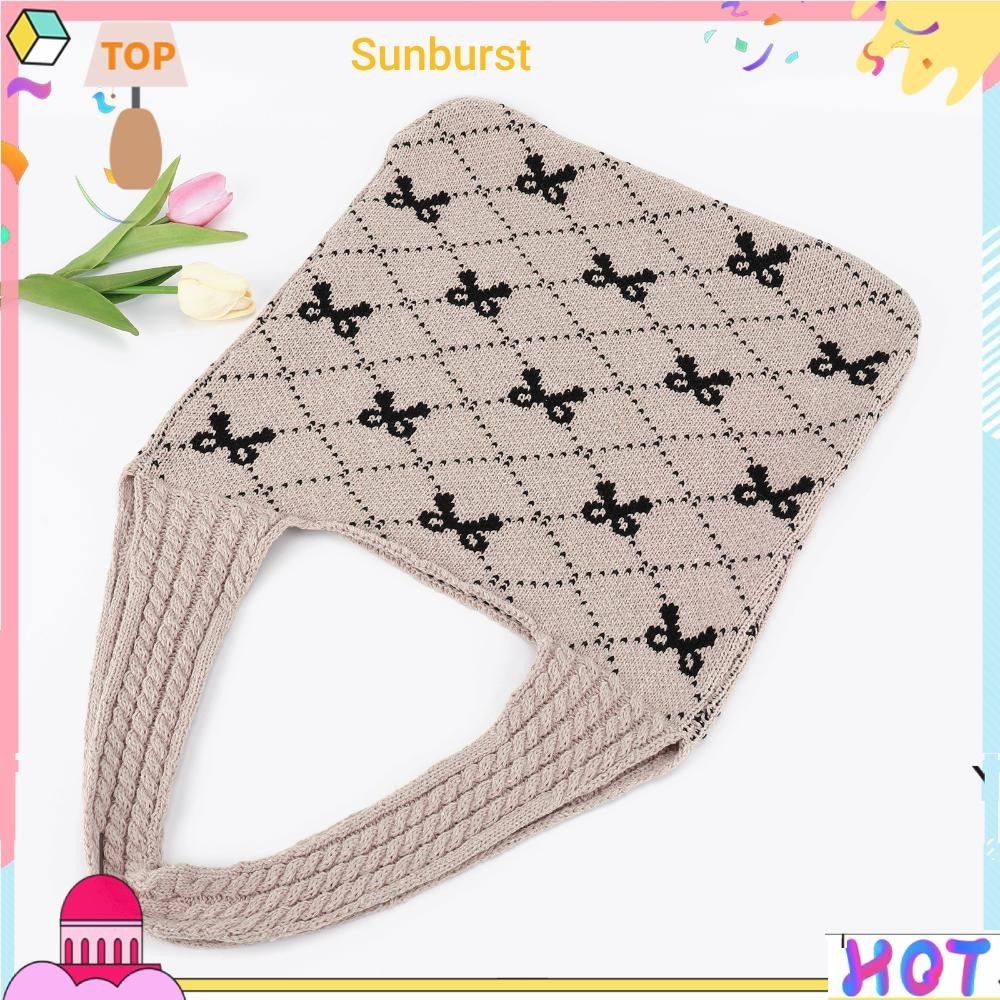 [Sunburst11.th] กระเป๋าถือ กระเป๋าช้อปปิ้ง ถักโครเชต์ พิมพ์ลายโบว์ สําหรับผู้หญิง [Sunburst11.th]