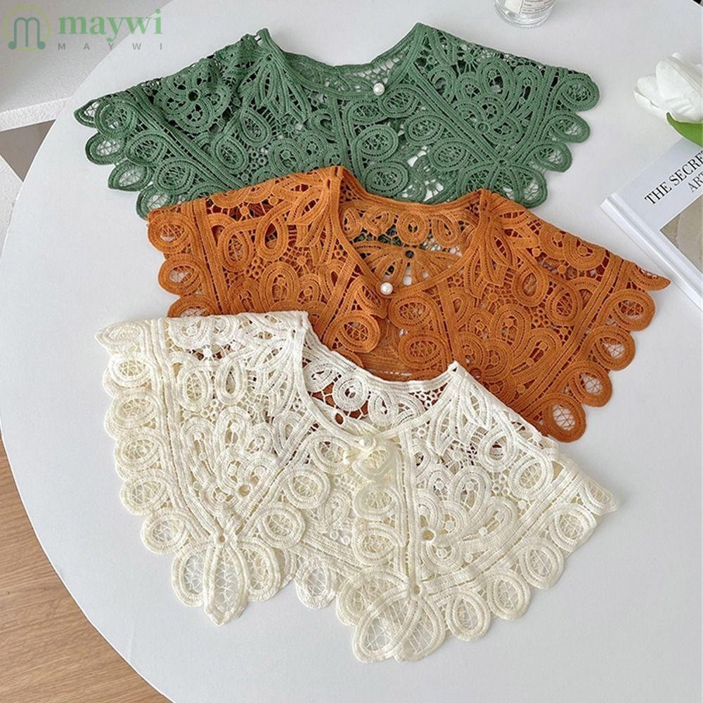 Maywi ปกเสื้อปลอม, ถักโครเชต์ คอปก ถอดออกได้, เสื้อเชิ้ตผ้าคลุมไหล่ กลวง สีพื้น แบบลําลอง