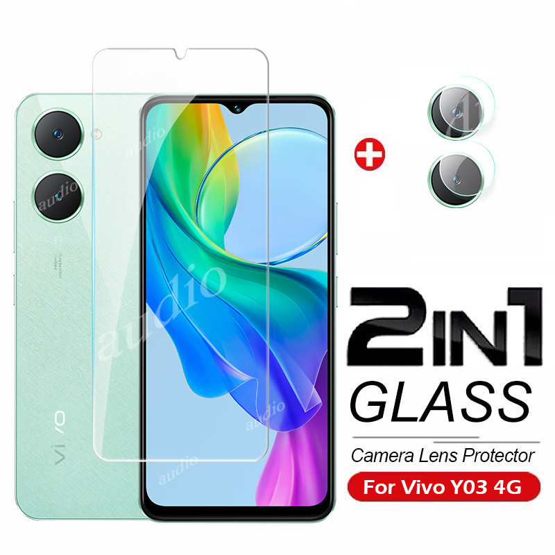 2in1 กระจกนิรภัยแบบเต็มหน้าจอป้องกันฟิล์มพร้อมกล้องเลนส์สําหรับVivo y03t y03 4G 2024 ป้องกันหน้าจอฟิ