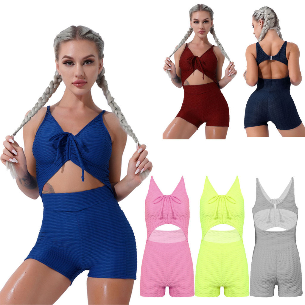 Runhomal ผู้หญิงสีที่บริสุทธิ์ One-piece Jacquard Jumpsuit ลึก V คอด้านหน้า Drawstring เปิดกลับเปิดเอวกางเกงขาสั้นเอวสูง Jumpsuit บอดี้สูทสําหรับวิ่งยิมโยคะออกกําลังกาย