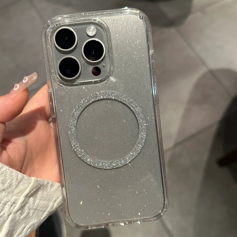 เคสโทรศัพท์มือถือแบบนิ่ม TPU ใส แต่งกลิตเตอร์คริสตัล แม่เหล็ก หรูหรา สําหรับ iPhone 11 12 13 14 15 Pro Max 14 15 Plus