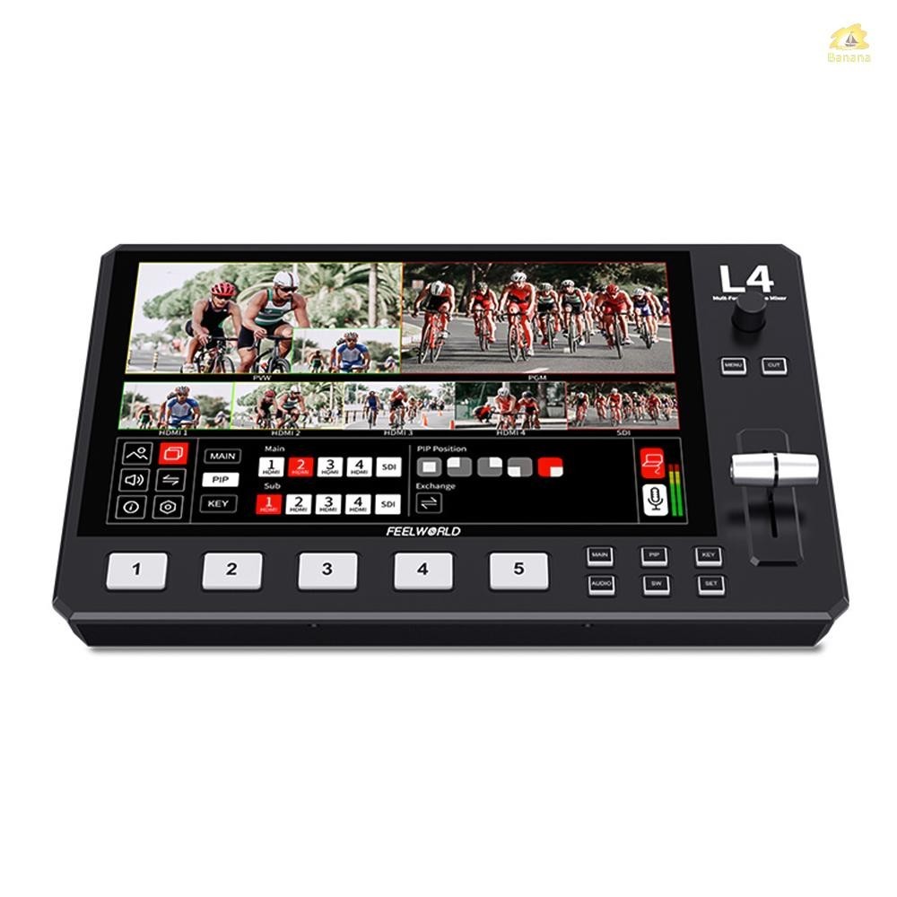 Feelworld L4 สวิตช์มิกเซอร์วิดีโอ หลายรูปแบบ พร้อมหน้าจอสัมผัส 10.1 นิ้ว อินพุต HDMI 4 ชิ้น เอาท์พุต