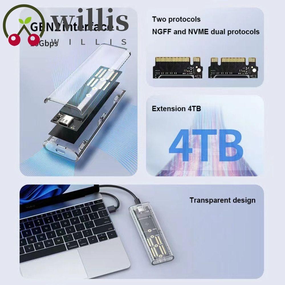 Willis M.2 กล่อง SSD, เคสฮาร์ดดิสก์ NVME M2 ใส, กล่องฮาร์ดไดรฟ์ SSD แล็ปท็อป มือถือ 10Gbps PCIe SATA เคส SSD ใส แล็ปท็อป