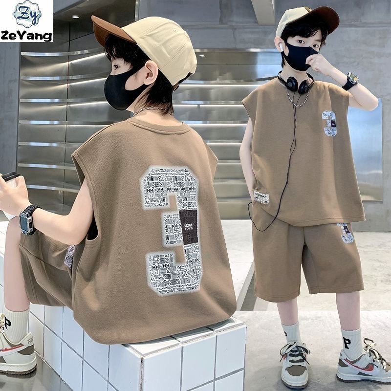 [ZY] พร้อมส่ง เสื้อกั๊กลําลอง แขนกุด กางเกงขายาวห้าส่วน สองชิ้น แฟชั่นสไตล์เกาหลี สําหรับเด็ก 110-170 ซม.