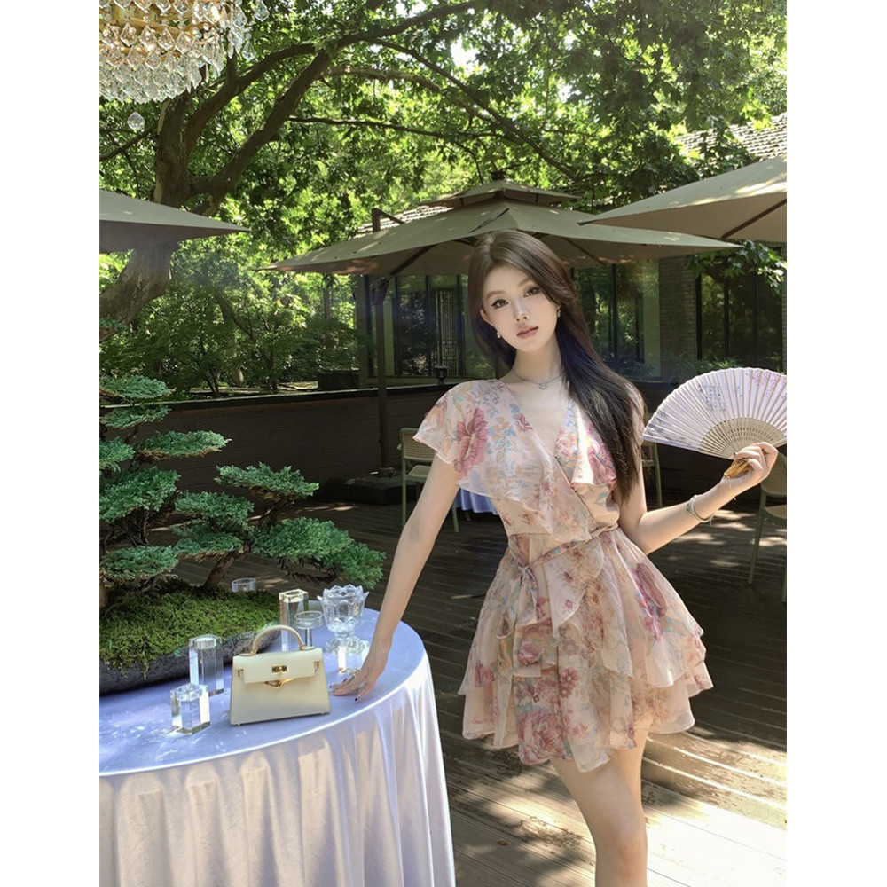 French Niche Design Floral Ruffle Short Sleeve Dress for Women Summer Elegant Waist Slimming V Collar Skirt