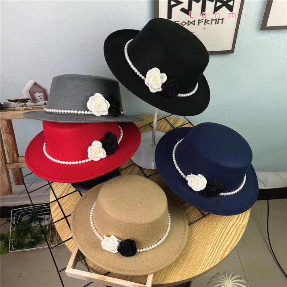 Lonmi Fedora หมวก, 10 ซม.ปีกกว้างภาษาฝรั่งเศสคํา Hepburn สไตล์แบนหมวก Felt, สีทึบ Elegant Party แจ๊สหมวกผู้หญิง