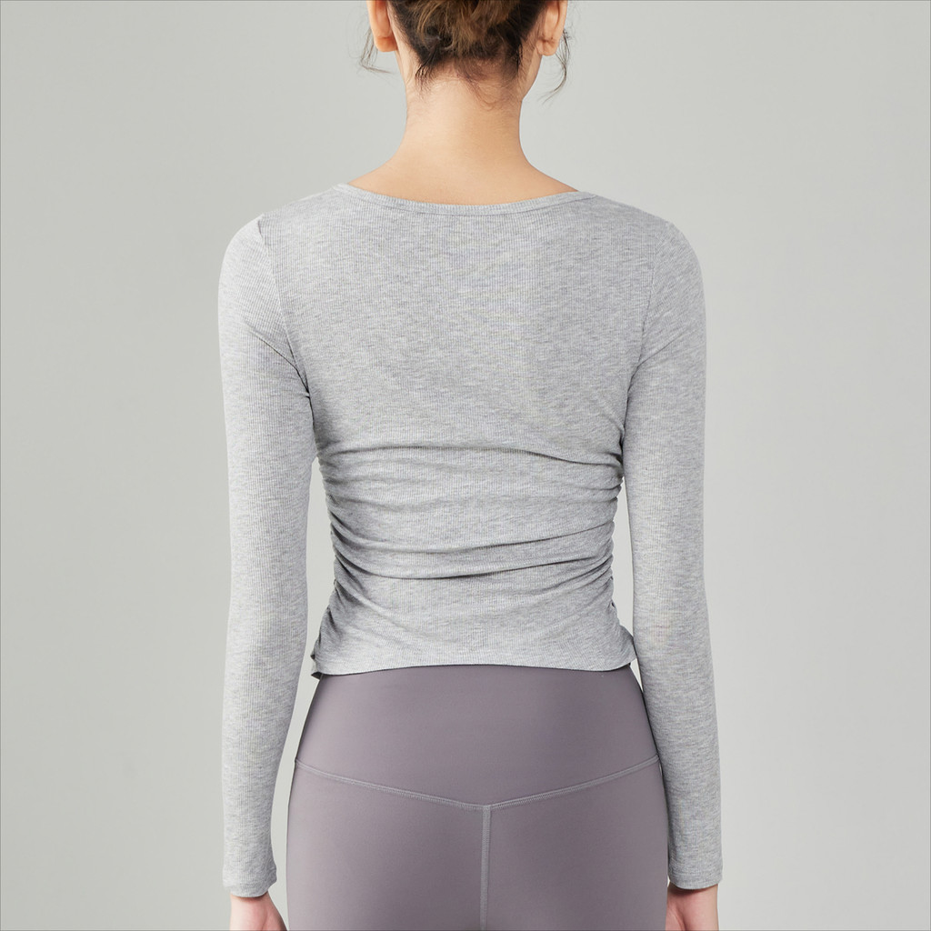 Yoga Sports T-shirt Long Sleeve Pleats Ribbed Breathable - รูปที่ 4