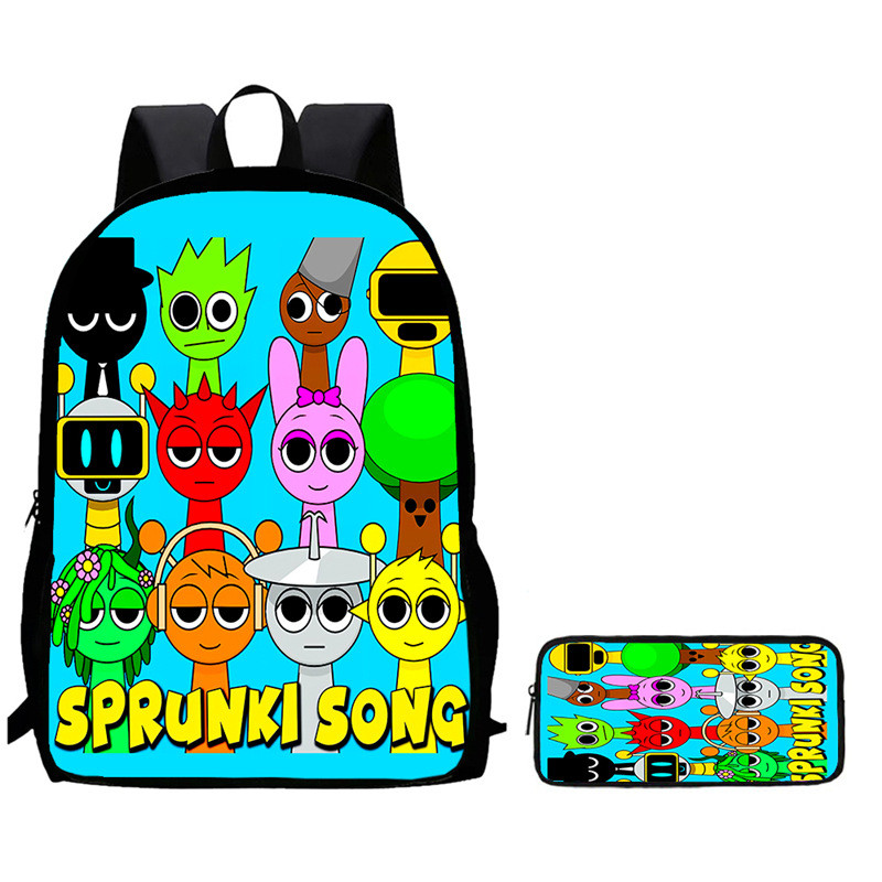 2 ชิ้น/ชุด กระเป๋านักเรียน + กระเป๋าดินสอ Sprunki 3D การ์ตูน กระเป๋าเป้สะพายหลังเด็ก กันน้ําน้ําหนักเบา