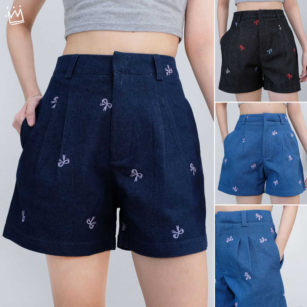 hi wawa - กางเกงขาสั้น ผ้ายีนส์ ปักลายโบว์ กระเป๋า2ข้าง (รอบเอว 24-32นิ้ว)