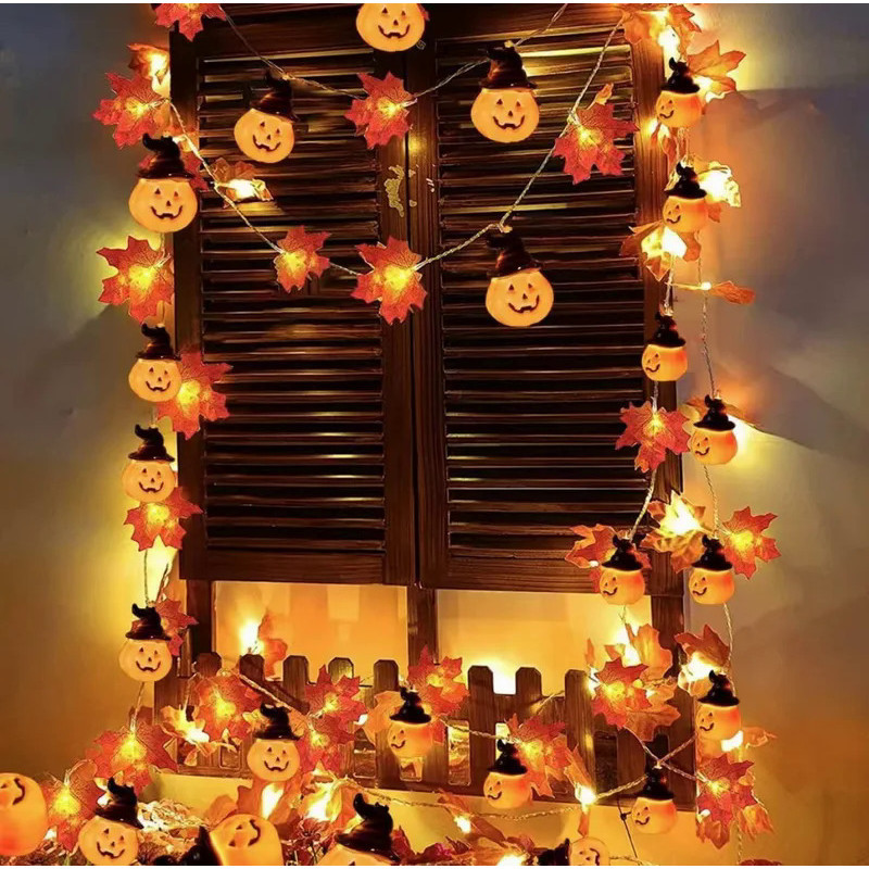 Artificial Autumn Maple Leaves Pumpkin Garland Led Fairy Lights Fall Decorations Halloween Thanksgiv