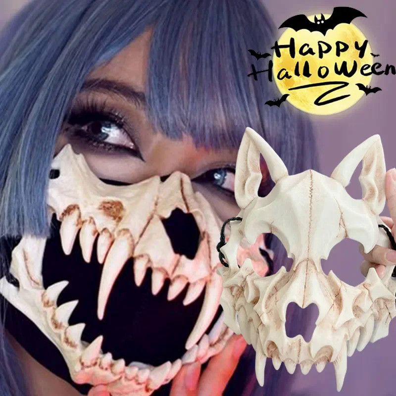2024 New Halloween Mask Half-face Mask Cos Dragon God Fierce Tiger Night Fork Tengu Man Wolf Mask Pe