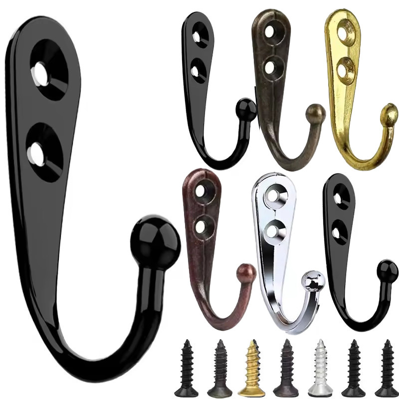 ตะขอติดผนังวินเทจ - ไม้แขวนเสื้อสองรูพร้อมสกรู - ผ้าขนหนู เสื้อโค้ท กระเป๋า หมวก ตะขอแขวน