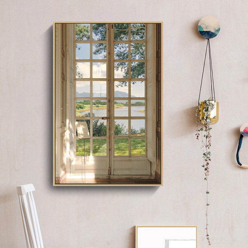 [พร้อมกรอบไม้] ห้องนั่งเล่นเรียบง่ายทันสมัยภาพวาดตกแต่งหน้าต่างฝรั่งเศสอบอุ่นทิวทัศน์หน้าต่างขนาดเล็กสดร้านอาหารห้องนอนเตียงและอาหารเช้าภาพวา