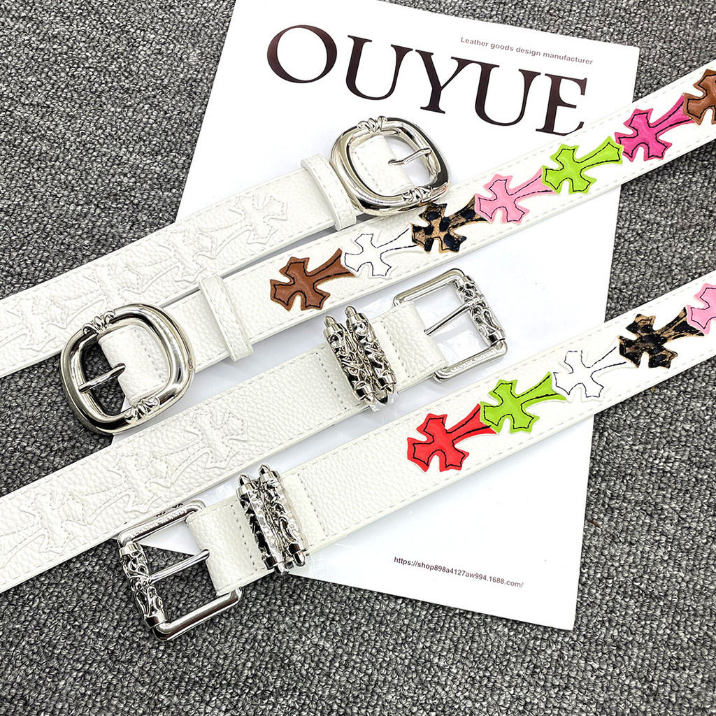 อเมริกัน CH เย็บปักถักร้อยที่มีสีสันสีขาว Cross Vine Pin Buckle เข็มขัดผู้ชายผู้หญิงสไตล์เดียวกัน Unisex อินเทรนด์ All-Match เข็มขัด