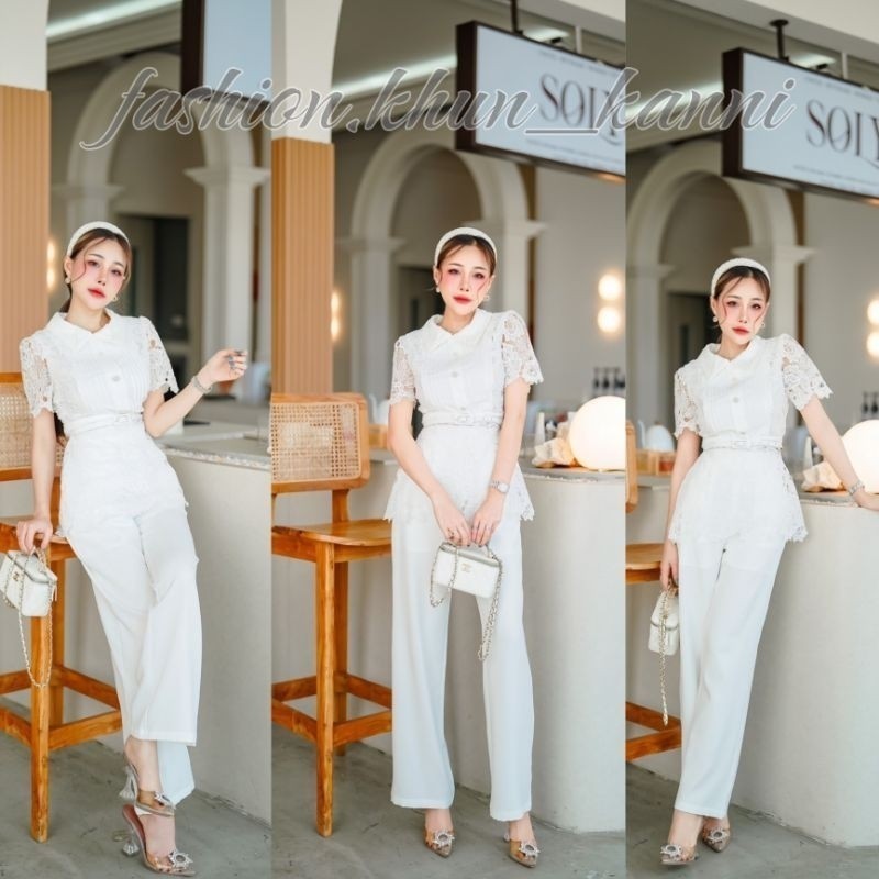 Kung_Maa 📍พร้อมส่ง📍BT92 2896 เซท 3 ชิ้น เสื้อลูกไม้แขนสั้นคอปกซิปหลัง ร้านKN. KM.